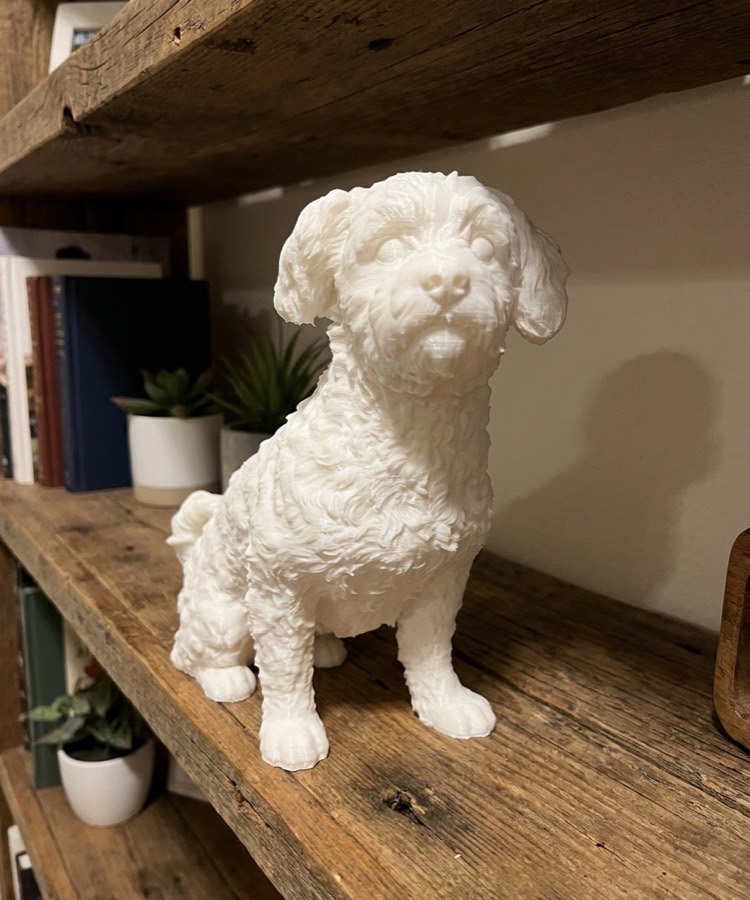 The same dog as a 3D porcelain-white figurine on a wooden shelf